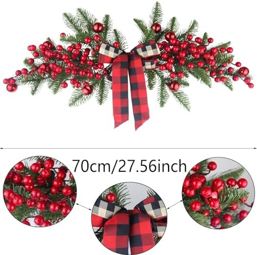 CITYES Christmas Swag Decoration Floral Swag with Berries and Ribbon Bows Christmas Balls 27.56 Inch Greenery Christmas Swag Xmas Door Swag for Front Door Festival Decor Wall Arch Window