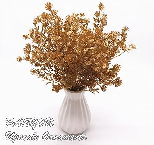 PASYOU Gold Fake Plants, Artificial Flowers Decoration for Christmas Golden Leaves Grass Plastic Faux DIY Crafts Indoor Outdoor Home Garden Party Room Bedroom Wedding Table Centerpiece Decor, 4 Pack