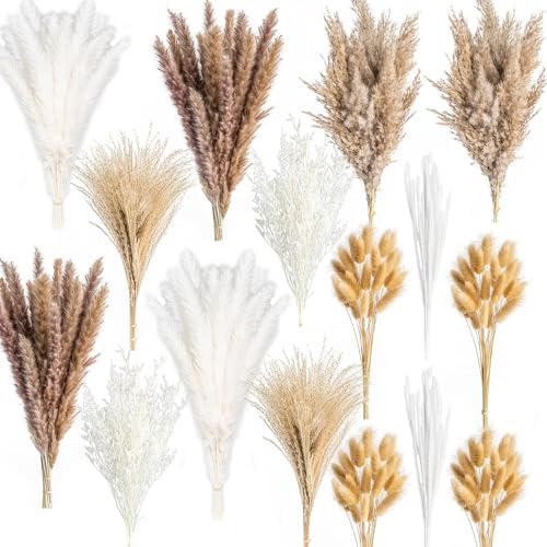 300PCS Natural Dried Pampas Grass Boho Home Decor Bouquet Phragmites Dried Flowers Bouquet for Wedding Floral Arrangements Home Decorations (300PCS)