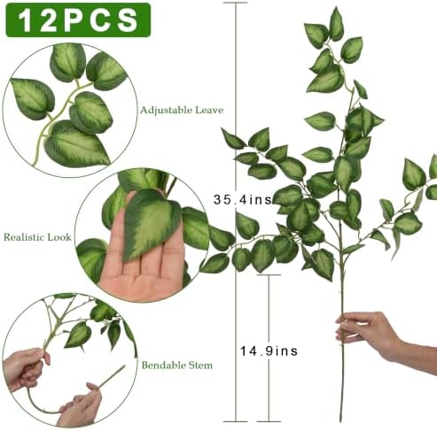 Daynight 12 Pcs Artificial Eucalyptus Leaves Stems, 35″ Long Stem Silk Plum Foliage Branches, Flexible Silk Faux Greenery for Farmhouse, Home, Kitchen and Table Centerpiece DIY Decor (12, Green)