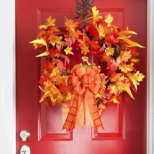6 Pcs Large Thanksgiving Buffalo Plaid Wreath Bows, Orange Fall Bows