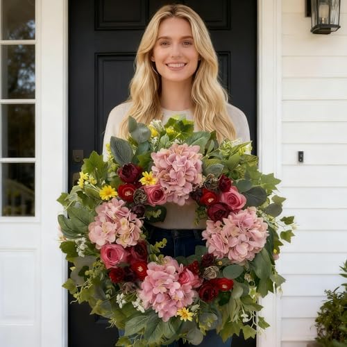 HipTree 24 Inch Spring Wreaths for Front Door with Hydrangeas Roses