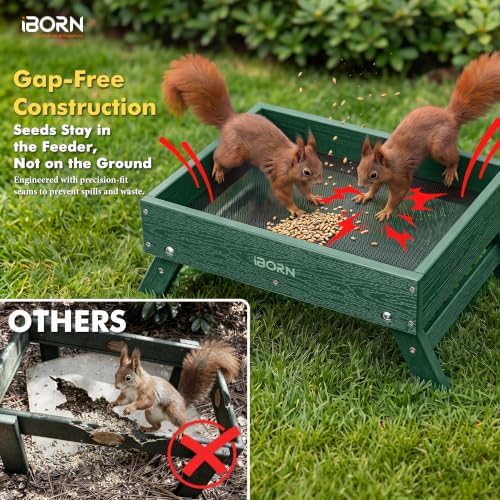 iBorn Ground Bird Feeder, Bird & Squirrel Platform Feeder for Outdoors, WPC Recycled Plastic, 3LB Large Capacity, Green