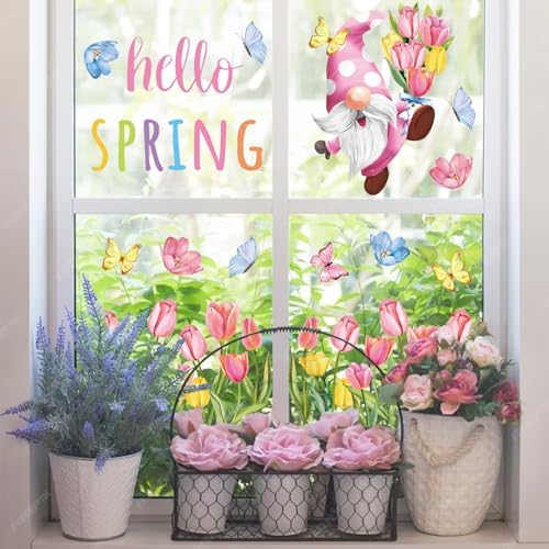 Whaline 6 Sheet Hello Spring Window Clings Pink Tulip Flower Floral Gnome Butterfly Reusable Window Glass Decals for Home School Office Party Supplies