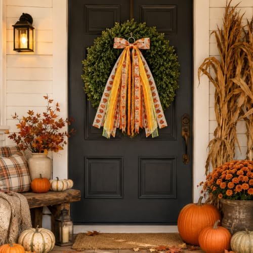 23.6in Fall Pumpkin Door Bow Sunflower Ribbon Swag Wreath Decor
