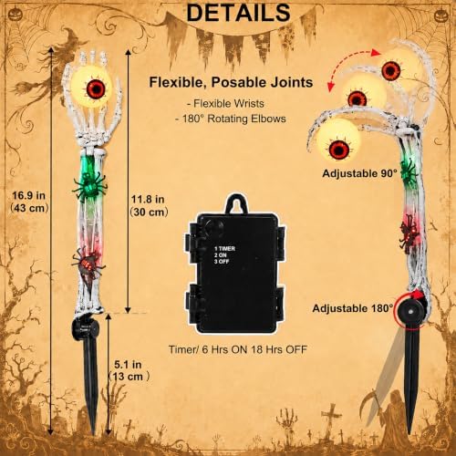 Halloween Decorations Outdoor, 2 Packs Skeleton Hands with Eyeball Lights