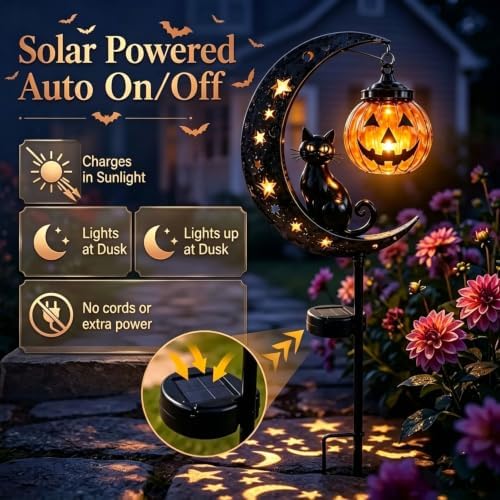 Solar Halloween Black Cat Pumpkin Moon Garden Stake Light, Halloween Lamps