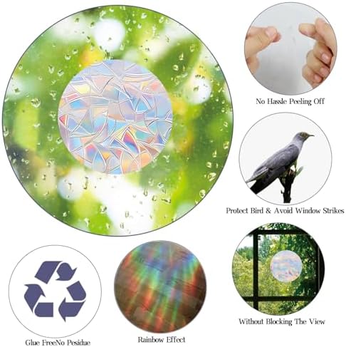 HAPBEAR 96PCS Round Window Decals for Bird Strikes Anti Collision Decals to Save Birds from Collisions,Non Adhesive Reusable Vinyl Rainbow Window Stickers
