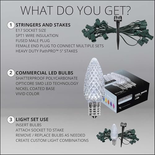 Wintergreen Lighting 50’ OptiCore LED Cool White Christmas Pathway Lights, C9 Outdoor White Christmas Lights, 4.5” Stakes, Green Wire Plug String Lights