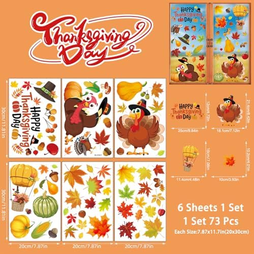 6 Sheets Thanksgiving Fall Window Clings, 73 Pcs Turkey Autumn Leaf Pumpkin Clings for Windows Thanksgiving Window Stickers for Home Holiday Party Store Glass Decoration