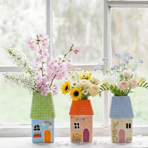 Remerry Mini Ceramic House Shape Vase Decorative Small Bud Vases, Orange