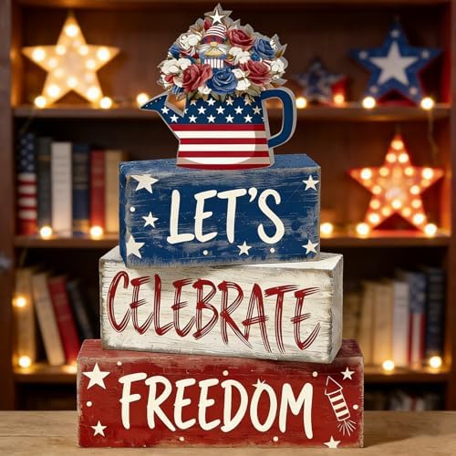 4th of July Table Decorations Patriotic Memorial Day Tiered Tray Decor Wooden Freedom Block Signs Independence Farmhouse 250th July Fouth Centerpiece for Tables Wooden Sign for Home Decor