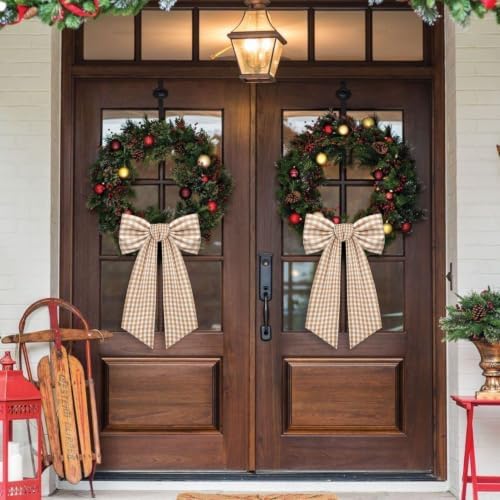 2 Pack Wreath Sash for Front Door Boxwood Wreath Sash Garland Front Door Porch Decor(White and Beige Plaid)