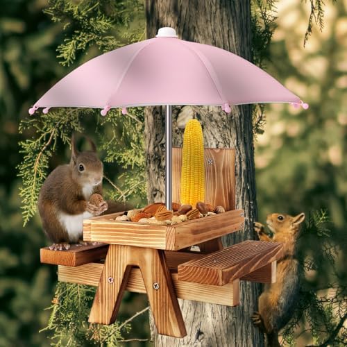Gnodary Squirrel Feeder with Umbrella, Squirrel Feeders for Outside, Squirrel Picnic Table Feeder - Chipmunk Feeder Hold Corn, Corn Cob, Peanuts (Pink)