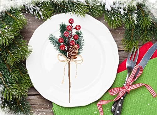 KLEWEE 10 PCS Christmas Berry Picks Glitter Christmas Picks and Sprays Artificial Pine Branches with Red Berry Stems Pine Cones Christmas Greenery for Crafts, Holiday Décor, Wreaths Xmas Decorations