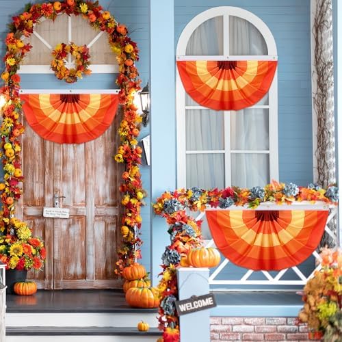 Augshy 4Pcs Fall Bunting Fan Flags, Thanksgiving Orange Yellow Brown Banner
