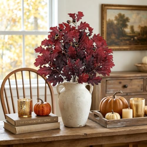 Faux Oak Leaf Branches with Acorns, 2Bundles Fall Stems for Vase, Burgundy