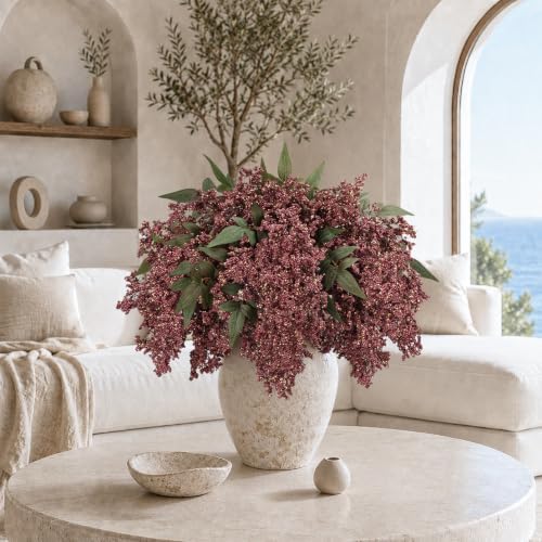 6Pcs 17'' Artificial Nandina Berry Stems Muted Burgundy Branches Home Decor
