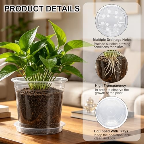 4/5/6/7 Inch 20 Pack Clear Plastic Nursery Pots with Drainage and Saucer