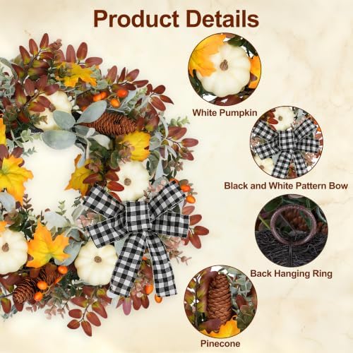 24" Fall Wreaths for Front Door Outside Pumpkin Autumn Wreath