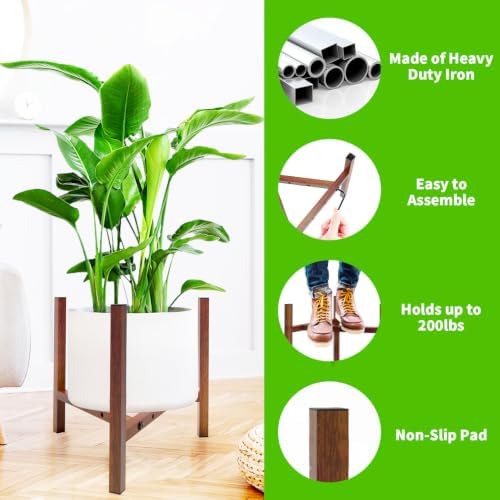Airpark Adjustable Metal Plant Stand, Stable Plant Pot Flower Holder Indoor Outdoor Corner, Fit 8 9 10 11 12 inch Pots, Wood-Grain (Pot & Plant Not Included)