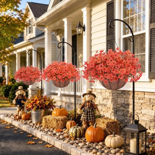 2 Set Artificial Fake Mums Flowers Plants with Hanging Basket for Outdoor,2 Hanging Planters with 24 Pcs Faux Plastic Silk Mums Fall Flowers for Outside Autumn Porch Garden Patio Home Decor (Orange)