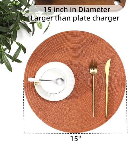 SHACOS Round Placemats Set of 6 Washable 15 inch Round Placemat Cotton Polyester Woven Braided Table Place Mats for Dining Table Decor, Dark Orange