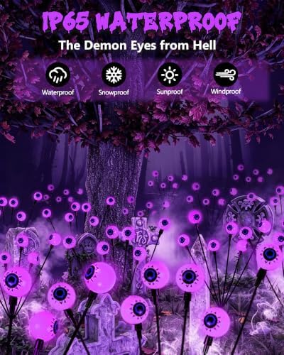 Solar Halloween Decorations Outdoor 4 Pack 24LED Purple Solar Eyeball Light
