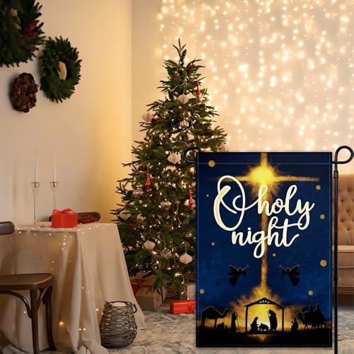 Oh Holy Night Garden Flag 12 X 18 Inch Double Sided Christmas Garden Flag Winter Christian Flag for Outside House Yard Indoor Outdoor Holiday Sign Decor