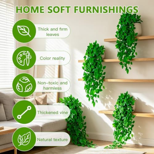 Artificial Hanging Plants, 4pcs Fake Pothos Vine Greenery for Wall Decor - Indoor Outdoor Home Living Room Hanging Decor, No Basket Included
