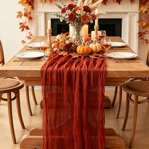 6Pcs Fall Table Runner, 10FT Thanksgiving Cheesecloth Table Runner 35*120inch Terracotta Table Runners for Fall Wedding Baby Shower Friendsgiving Thanksgivig Home Kitchen Table Decorations
