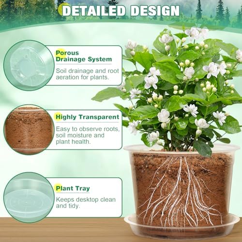 RAOOKIF 10 Inch Nursery Pots with Saucers, 4 Pack Large Size Clear Nursery Pots with Drainage Hole for Indoor Outdoor Plants, Plastic Clear Pots for Plants for Flowers, Succulents, Vegetable