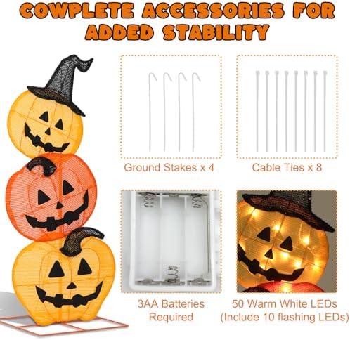 Halloween Lighted Stacked Pumpkins Decoration, Pre-Lit with 50 Warm White Lights Jack-O-Lantern Pumpkins Lights, Halloween Light Up Pumpkin for Indoor, Outdoor, Porch, Yard, 39’’ H