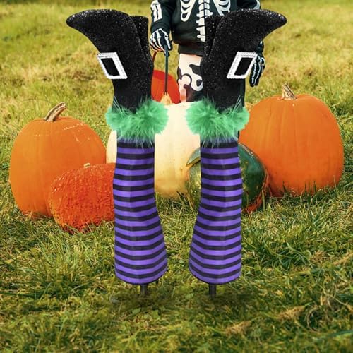 Halloween Witch Leg Stake Decoration, Foam and Polyester Material, Waterproof and Windproof, 17-Inch Yard Decoration, Spooky Halloween Garden, Porch, and Patio Decor, Set of 2 (E)