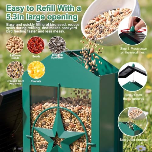 Squirrel Proof Bird Feeders for Outdoors with Weight-Activated, Metal 5LB Large Wild Bird Feeders for Cardinals,Blue Jay,Finch, Weatherproof Durable Hanging Bird Feeder for Backyard,Garden (Green)