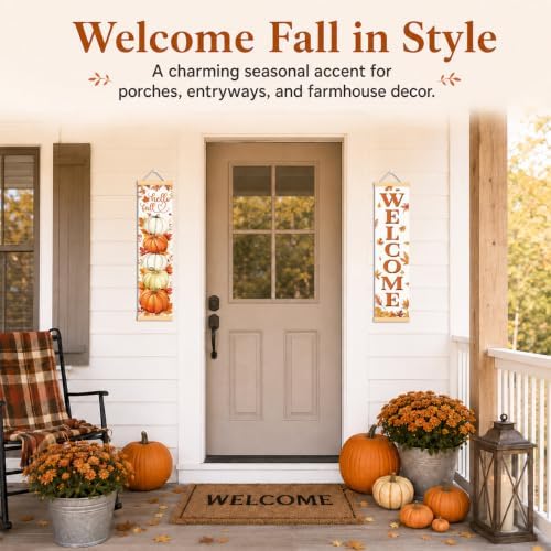 Hello Fall Pumpkin Door Banner Set of 2, Welcome Porch Decor for Home
