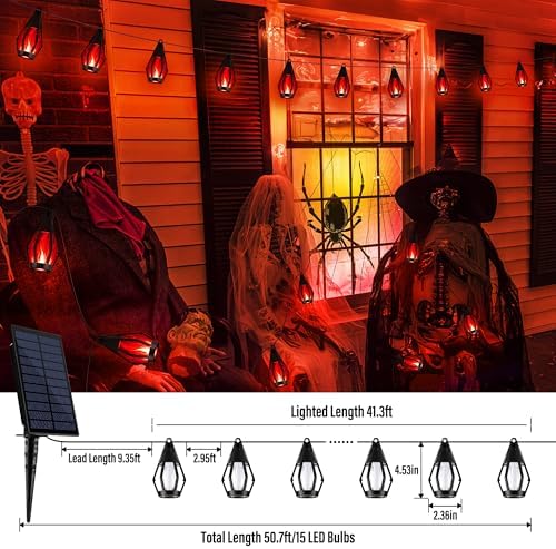 iBaycon 42FT 15 LED Solar Flame Halloween String Lights Outdoor, Red