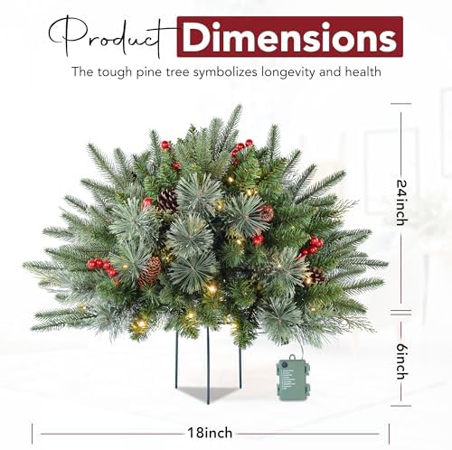 1 Pcs 30 Inch Christmas Tree Green Outdoor Planter Pots Filler Prelit Xmas Pine Trees with Cones and Red Berries 50 Warm White LED with 8 Light Modes and Timer for Yard