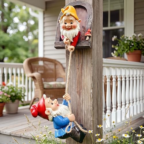Real Gnome Statue, Garden Climbing Elves Sculpture, Outdoor Fairy Door Figurines, Fairy Hanging Decor, Tree Hugger Perfect for Garden Lovers Lawn, Patio,Yard Decor,Tree Peeker (2Pcs)