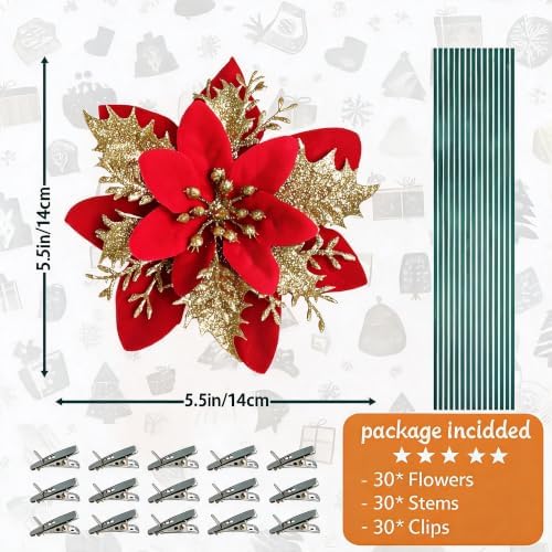 30PCS Artificial Christmas Poinsettia Flowers with Clips and Stems, 5.5 Inch Glitter red & Gold Xmas Tree Decorations, Holiday Poinsettia Picks Ornaments for Christmas Tree, Wreaths, Garlands & Home