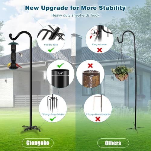 Gtongoko Tall Shepherds Hook for Outdoor, 108 Inch Bird Feeder Pole with 7 Prongs Base, 3/4 Inch Thick Heavy Duty Adjustable Garden Hook for Hanging Plant, Lantern, Hummingbird Feeder, 1 Pack