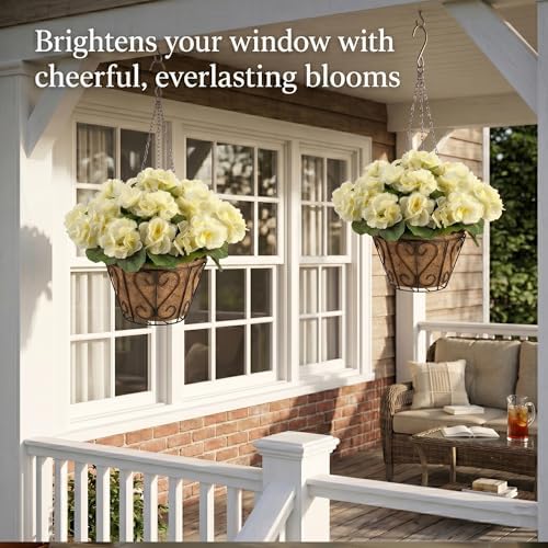 2 Pack Artificial Geraniums Flowers with Hanging Baskets,UV Resistant Silk Faux White Geranium Flowers with Hanging Planters for Outdoor Patio Balcony Front Porch Garden Home Decor