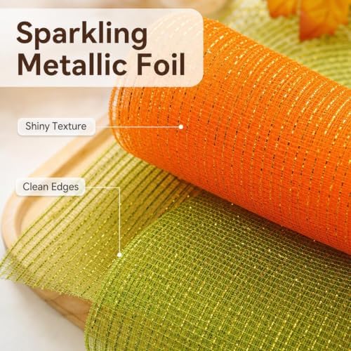 Thanksgiving Mesh Ribbon Deco Green Golden Orange Fall Deco Mesh Wire Ribbon Metallic Foil Rolls for DIY Auntumn Thanksgiving Wreaths Decorations Wrapping Craft, 4 Rolls(6 inch Wide)