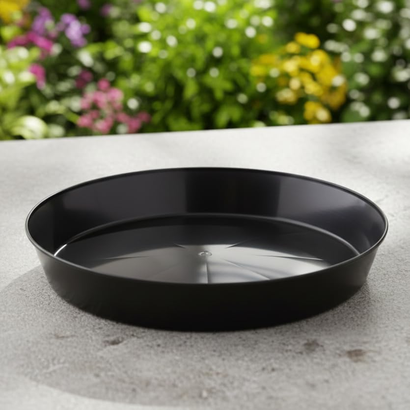 Saucers, Black, 16 Inch (14.25 Inch Base), Case of 5 | Polypropylene, Heavy Duty Indoor/Outdoor, Drip Pan & Tray