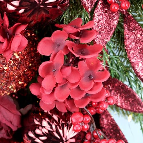 YULETIME 24" Christmas Teardrop Swag, Red Hydrangea Baubles 20 Fairy Lights