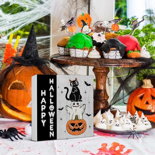 Happy Halloween Wooden Decor, Ghost Cat Pumpkin Block Sign