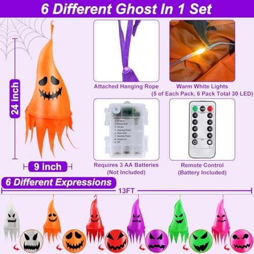 Remote Control - 6 Pcs Halloween Hanging Ghosts with 8 Modes 30 LED Lights,13 FT Long Halloween Decorations Outdoor Hanging Ghosts with Witch Hat,Waterproof for Yard, Lawn, Porch, Garden Tree Outside