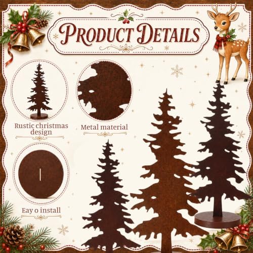 Shimeyao 3 Pcs Metal Pine Tree Decor, Rusty Christmas Decor with Wood Base