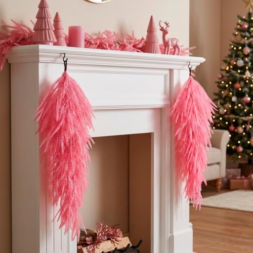 2 Pcs 28'' Pink Christmas Pine Door Swag,Artificial Norfolk Teardrop Swag