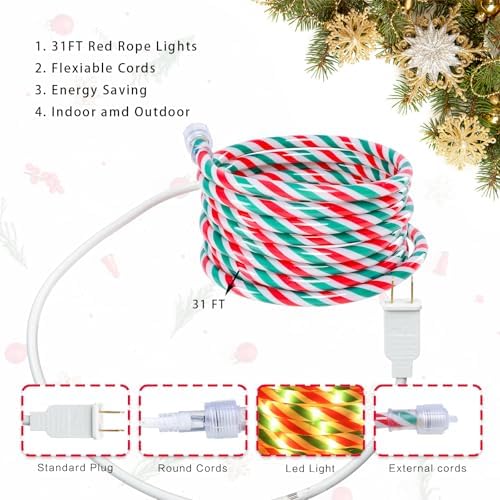 Vigdur Candy Cane Rope Lights Outdoor, 33FT 360 LEDs Christamas Rope Lights